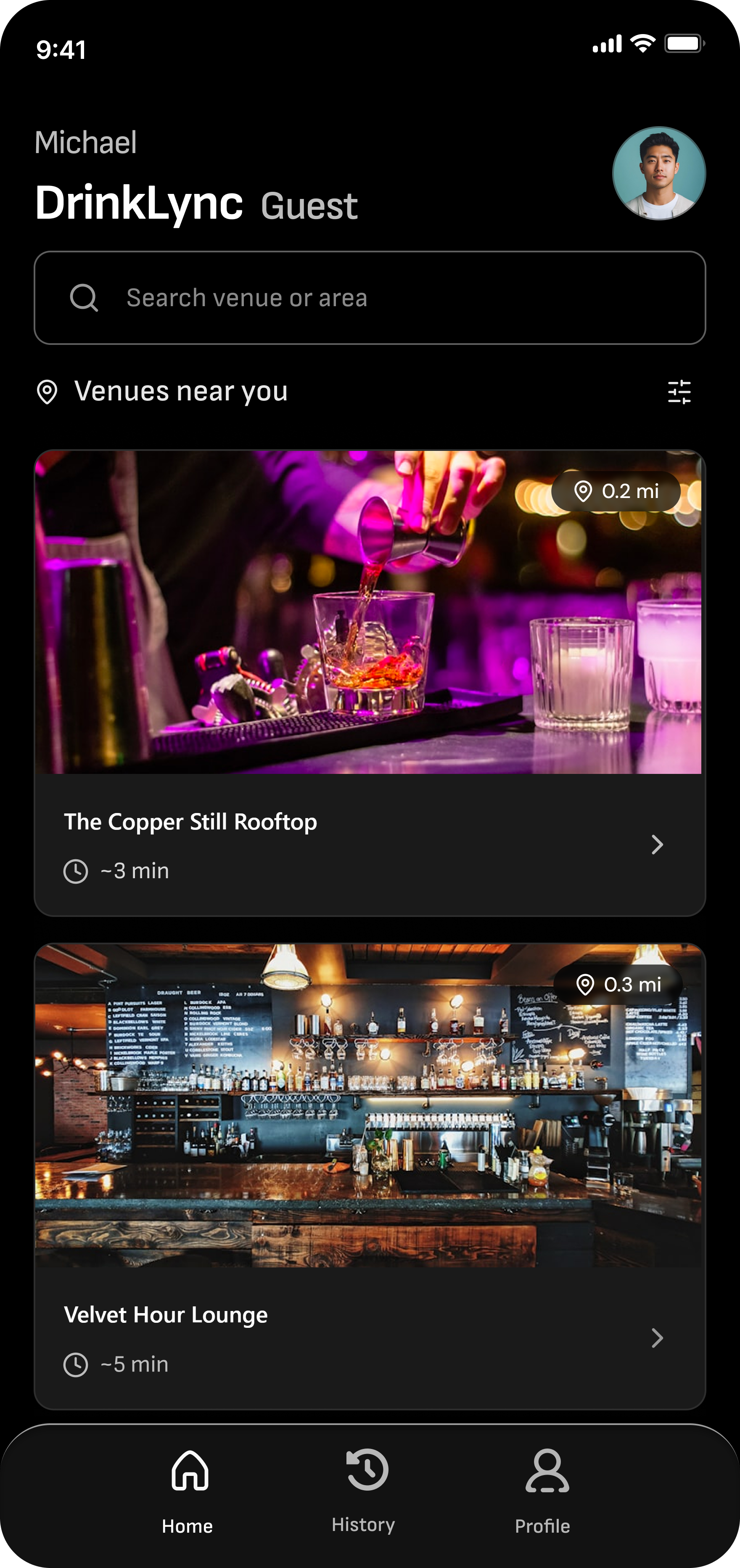 DrinkLync app home screen showing nearby venues